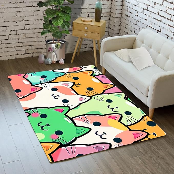 Cat Rug for Girls Room - Cat Pattern Rug Decor for Bedroom Cute Cat Area Rug Carpet Cartoon Cat Rug Kids Room, 2x3 Feet - LeafyLoom