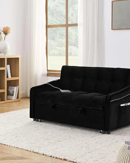 Tufted Convertible Futon Loveseat Pull Out Couch Bed 3 in 1 Velvet Upholstered Sleeper Sofa Recliner Love Seat Lounge Chaise Daybed with Adjustable Backrest Type C and USB Charging for Living Room - LeafyLoom