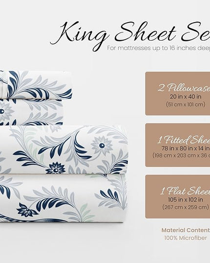 Linen Market Premium Ultra Soft Garden Estate Pattern 4 Piece Sheet Set, King, Navy, Garden Estate Navy (IEH-4PC-GDS-KING-NAVY) - LeafyLoom