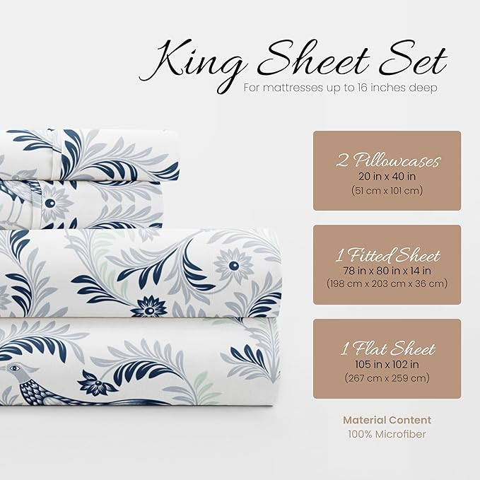 Linen Market Premium Ultra Soft Garden Estate Pattern 4 Piece Sheet Set, King, Navy, Garden Estate Navy (IEH-4PC-GDS-KING-NAVY) - LeafyLoom