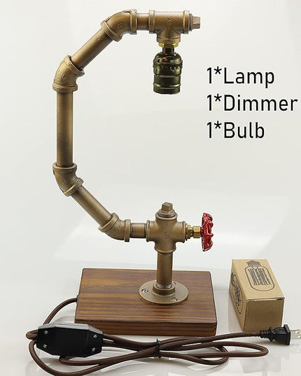Steampunk Lamp with Dimmer, Dimmable Loft Style Industrial Vintage Antique Style Light with Bulb, Wood Base with Iron Piping Desk Lamp, Retro Desk Lamp LL-032 - LeafyLoom