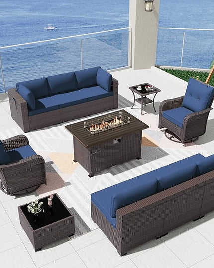 Patio Furniture Sectional Sofa Set 11PCS PE Rattan Swivel Rocking Chairs Patio Conversation Set w/43in Gas Fire Pit Table, Outdoor Furniture with 55000 BTU Propane Fire Pit, Navy Blue - LeafyLoom