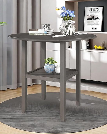 NicBex Dining Table Contemporary Kitchen Table Farmhouse Rustic Round Counter Height Kitchen Dining Table with Drop Leaf and One Shelf for Small Places Round Dining Table, Easy Assembly, Gray - LeafyLoom