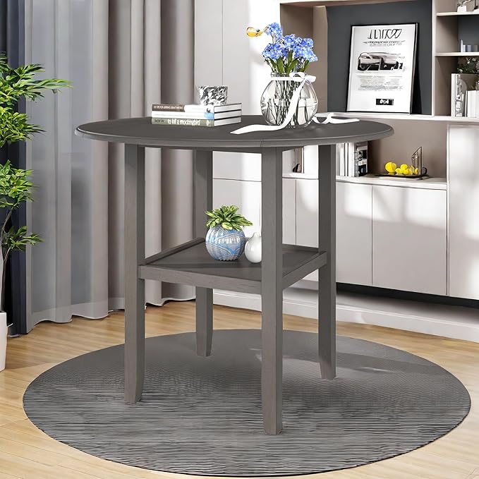 NicBex Dining Table Contemporary Kitchen Table Farmhouse Rustic Round Counter Height Kitchen Dining Table with Drop Leaf and One Shelf for Small Places Round Dining Table, Easy Assembly, Gray - LeafyLoom