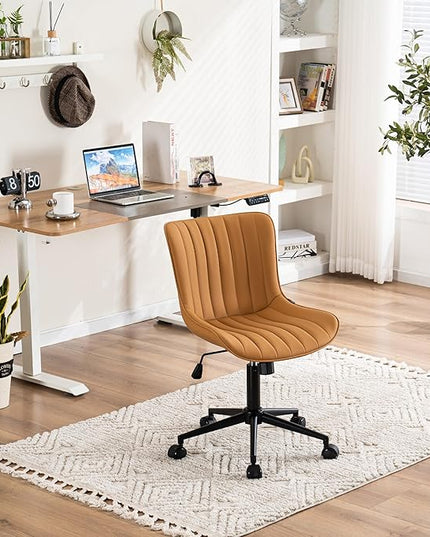 YOUNIKE Armless Office Chair with Wheels Swivel Desk Chair Upholstered Leather Computer Task Chair Height Adjustable Modern Rolling Chair with Backrest Tan - LeafyLoom