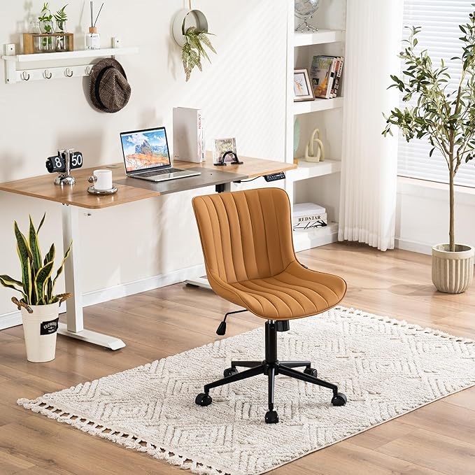 YOUNIKE Armless Office Chair with Wheels Swivel Desk Chair Upholstered Leather Computer Task Chair Height Adjustable Modern Rolling Chair with Backrest Tan - LeafyLoom