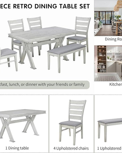 Merax (White Table Set with Unique Legs and 4 Upholstered Chairs & 1 Bench, 6-Piece L Rectangular - LeafyLoom