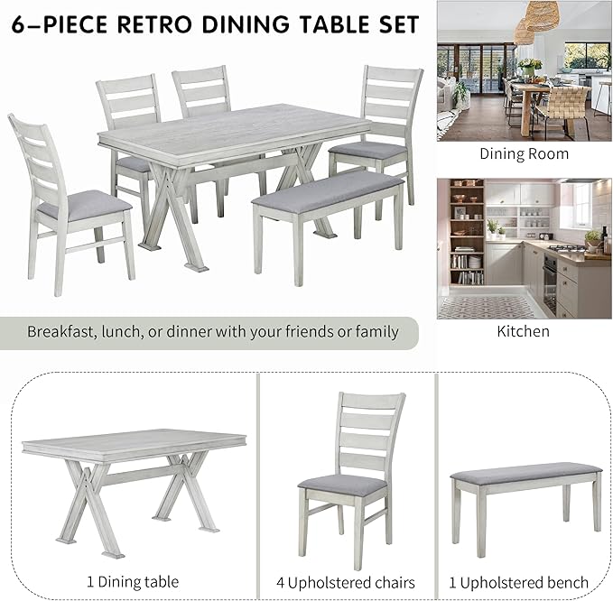 Merax (White Table Set with Unique Legs and 4 Upholstered Chairs & 1 Bench, 6-Piece L Rectangular - LeafyLoom