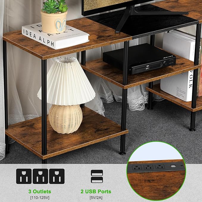 TV Stand for Bedroom 50 Inch TV Stand with Power Outlet 3 Tier Entertainment Center with Storage TV Console Table for 50 43 40 32 Inch TV, Rustic Brown - LeafyLoom
