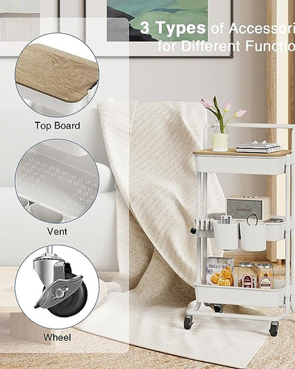DTK 3 Tier Rolling Utility Cart with Cover Top Board, Movable Kitchen Storage Cart Trolley with Lockable Wheels, Cups, Hooks for Kitchen Bathroom Home Office Art Craft Storage and Organization(White) - LeafyLoom