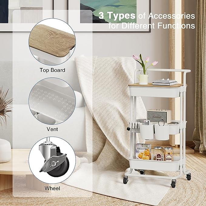 DTK 3 Tier Rolling Utility Cart with Cover Top Board, Movable Kitchen Storage Cart Trolley with Lockable Wheels, Cups, Hooks for Kitchen Bathroom Home Office Art Craft Storage and Organization(White) - LeafyLoom