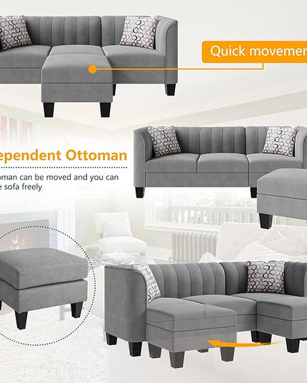 Shintenchi Upgraded Convertible Sectional Sofa Couch, 3 Seat L Shaped Sofa with High Armrest Linen Fabric Small Couch Mid Century for Living Room, Apartment and Office (Light Grey) - LeafyLoom