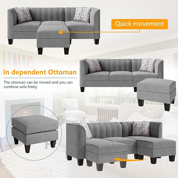Shintenchi Upgraded Convertible Sectional Sofa Couch, 3 Seat L Shaped Sofa with High Armrest Linen Fabric Small Couch Mid Century for Living Room, Apartment and Office (Light Grey) - LeafyLoom