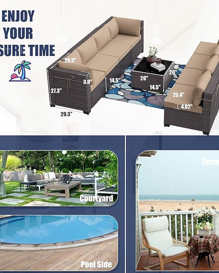 Patio Furniture Set 9PCS Outdoor Furniture for Backyard Wicker Sectional Sofa Set, Rattan Patio Conversation Set with Thickened Cushions and Glass Coffee Table, Sand - LeafyLoom