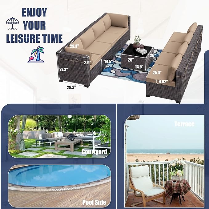 Patio Furniture Set 9PCS Outdoor Furniture for Backyard Wicker Sectional Sofa Set, Rattan Patio Conversation Set with Thickened Cushions and Glass Coffee Table, Sand - LeafyLoom