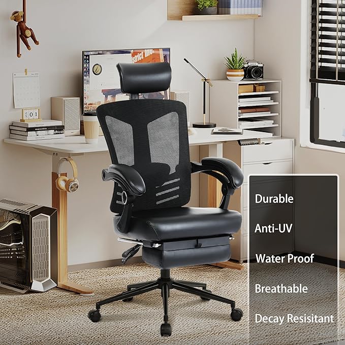 Vonesse Ergonomic Office Chair with Headrest Computer Mesh Office Chair with Footrest Big and Tall Office Chair Adjustable Swivel Rolling High Back Reclining Home Office Desk Chair Black - LeafyLoom