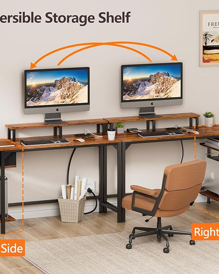 Furologee Desk with Power Outlets and LED Lights, 47" Computer Office Desk with Shelves and Fabric Drawer, Reversible Gaming Study Table with Monitor Stand and Hooks, Rustic Brown - LeafyLoom