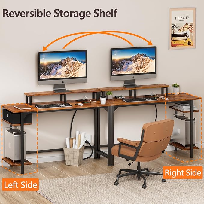 Furologee Desk with Power Outlets and LED Lights, 47" Computer Office Desk with Shelves and Fabric Drawer, Reversible Gaming Study Table with Monitor Stand and Hooks, Rustic Brown - LeafyLoom