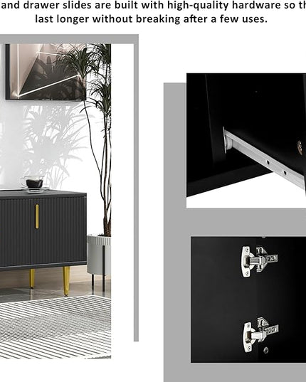 Modern Long Stand with 2 Storage Cabinets and Drawers for Televisions TVs Up to 75", Entertainment Center Console Table with Champagne Legs, Media Furniture for Living Room, Office, Black - LeafyLoom