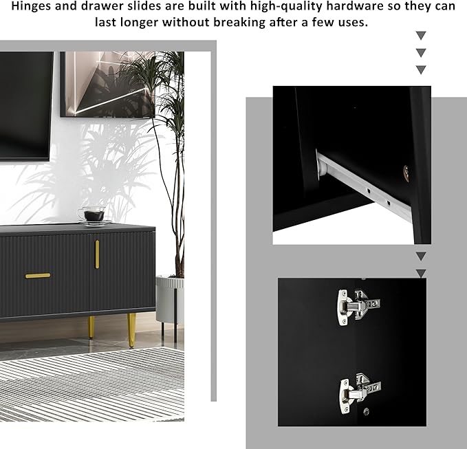 Modern Long Stand with 2 Storage Cabinets and Drawers for Televisions TVs Up to 75", Entertainment Center Console Table with Champagne Legs, Media Furniture for Living Room, Office, Black - LeafyLoom