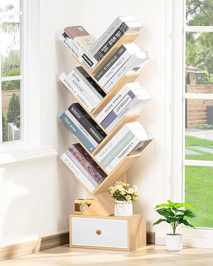 8 Tier Tree Bookshelf with Drawer, Free Standing Wood Bookcase for Narrow Space, Storage Organizer Bookshelves for Books, Book Case for Home Office, Living Room, Bedroom - Natural - LeafyLoom