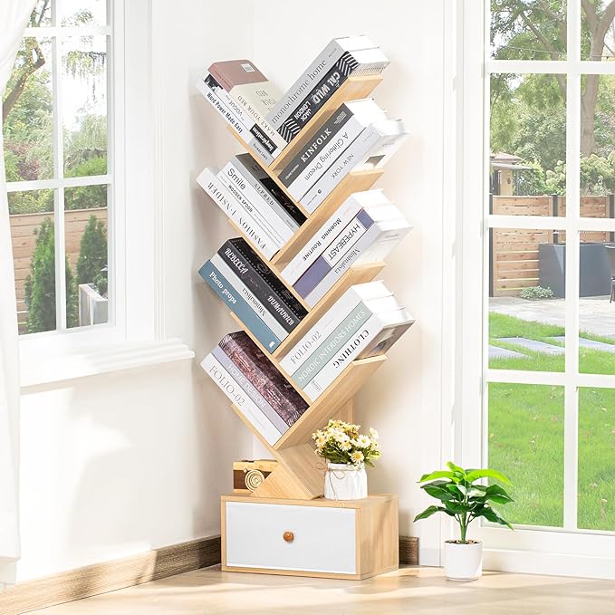 8 Tier Tree Bookshelf with Drawer, Free Standing Wood Bookcase for Narrow Space, Storage Organizer Bookshelves for Books, Book Case for Home Office, Living Room, Bedroom - Natural - LeafyLoom
