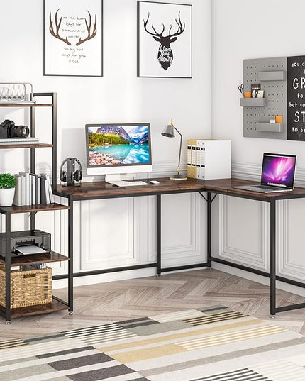 79 Inch Reversible L-Shaped Desk, Large Corner Computer Desk with 5 Tier Storage Shelves - LeafyLoom