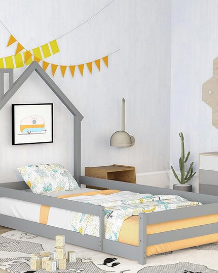 Bellemave Twin Size House-Shaped Headboard Floor Bed with Fences, Wooden Montessori Bed for Kids,House Bed Twin Frame for Girls,Boys (Gray) - LeafyLoom