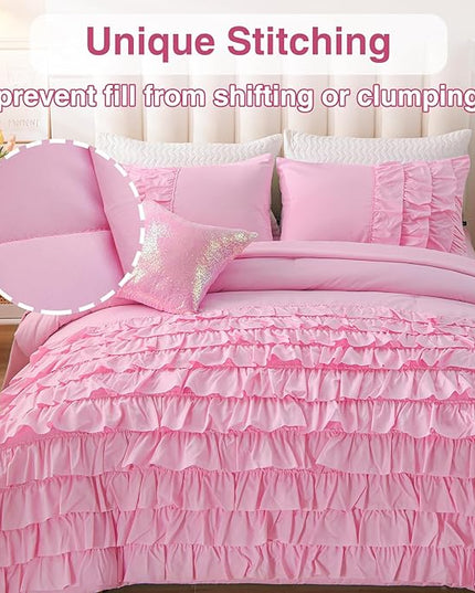 A Nice Night Waterfall Flutter Ruffle Comforter Set,Ruffled Textured Soft Chic Princess 6pcs Bedding Set,with Bling Shiny Sequin Throw Pillow Case,DarkPink,Full - LeafyLoom
