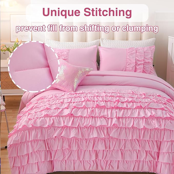A Nice Night Waterfall Flutter Ruffle Comforter Set,Ruffled Textured Soft Chic Princess 6pcs Bedding Set,with Bling Shiny Sequin Throw Pillow Case,DarkPink,Twin - LeafyLoom