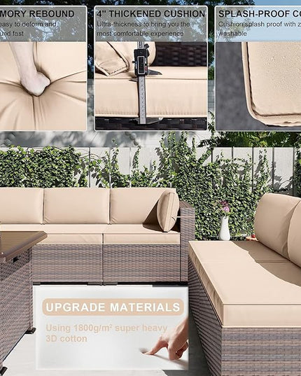 Kullavik 10 Pieces Outdoor Patio Furniture Set with 43" Gas Propane Fire Pit Table PE Wicker Rattan Sectional Sofa Patio Conversation Sets,Sand - LeafyLoom