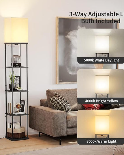 SUNMORY 5 Tier Floor Lamp with Shelves, Modern Square Standing Lamp with 3 Color Temperature Bulb, Corner Display Bookshelf Lamp for Living Room and Bedroom, Tall Shelf Floor Lamp - LeafyLoom