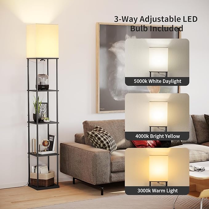 SUNMORY 5 Tier Floor Lamp with Shelves, Modern Square Standing Lamp with 3 Color Temperature Bulb, Corner Display Bookshelf Lamp for Living Room and Bedroom, Tall Shelf Floor Lamp - LeafyLoom