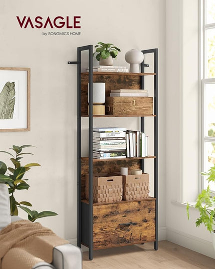 VASAGLE 5-Tier Bookshelf, Book Shelf with Drawer, Industrial Bookcase, with Steel Frame, for Living Room, Home Office, Bedroom, 9.4 x 23.6 x 65 Inches, Rustic Brown and Black ULLS147B01 - LeafyLoom