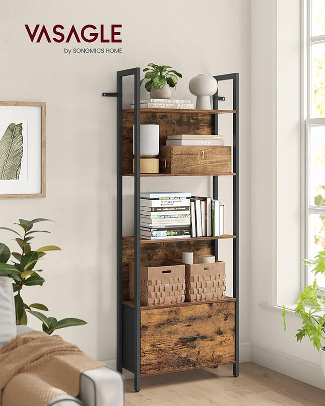 VASAGLE 5-Tier Bookshelf, Book Shelf with Drawer, Industrial Bookcase, with Steel Frame, for Living Room, Home Office, Bedroom, 9.4 x 23.6 x 65 Inches, Rustic Brown and Black ULLS147B01 - LeafyLoom