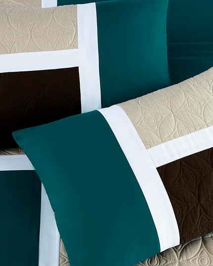 Chezmoi Collection Upland 7-Piece Quilted Patchwork Comforter Set, Teal/Beige/Brown, King - LeafyLoom