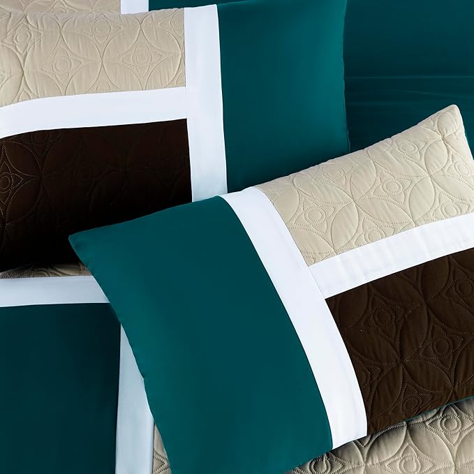 Chezmoi Collection Upland 7-Piece Quilted Patchwork Comforter Set, Teal/Beige/Brown, King - LeafyLoom