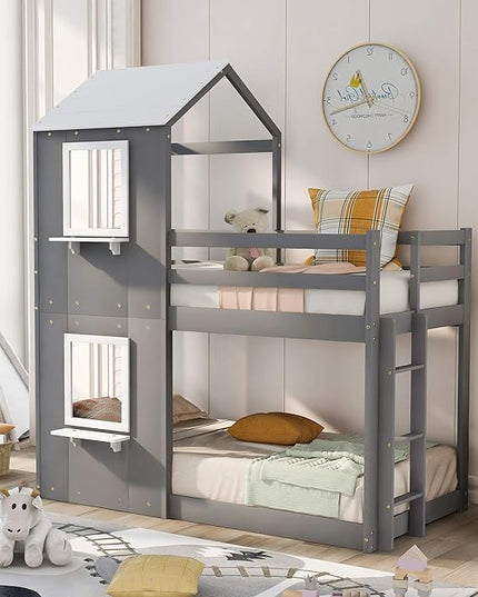 Twin Over Twin House Bed, Solid Wood Bunk Bed with Roof, Window, Guardrail and Ladder for Kids Teens Boys Girls, Ideal Bedroom Furniture, Gray - LeafyLoom