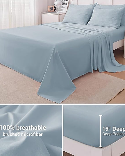 Queen Comforter Set Blue, 8 Piece Bed in a Bag Queen for All Season, Woven Texture Bedding Comforter Set with Sheets and Pillows, Soft Lightweight Queen Comforter Bed Set, Light Heaven Blue - LeafyLoom