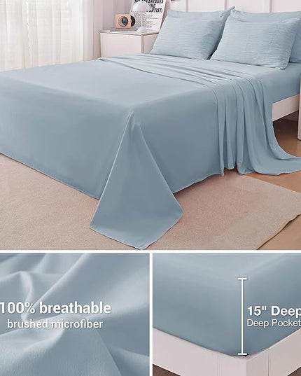 8 Piece Woven Texture King Size Comforter Set Blue, Bed in A Bag Bedding King with Comforter and Sheets, Soft Lightweight Comforter Set with Deocor Throw Pillow, Light Heaven Blue - LeafyLoom