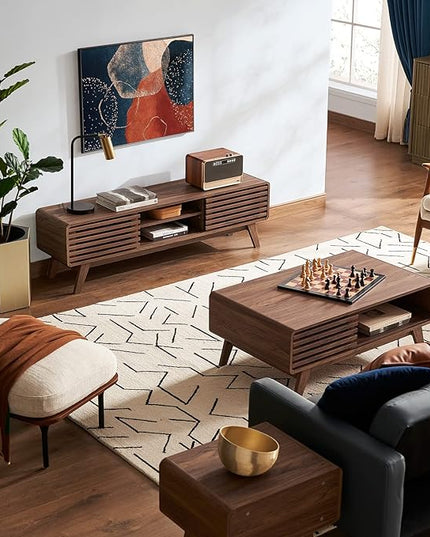 mopio Ensley Coffee Table, Mid Century Modern Table with Storage, Farmhouse Wood Coffee Table for Living Room Fluted (Walnut) - LeafyLoom