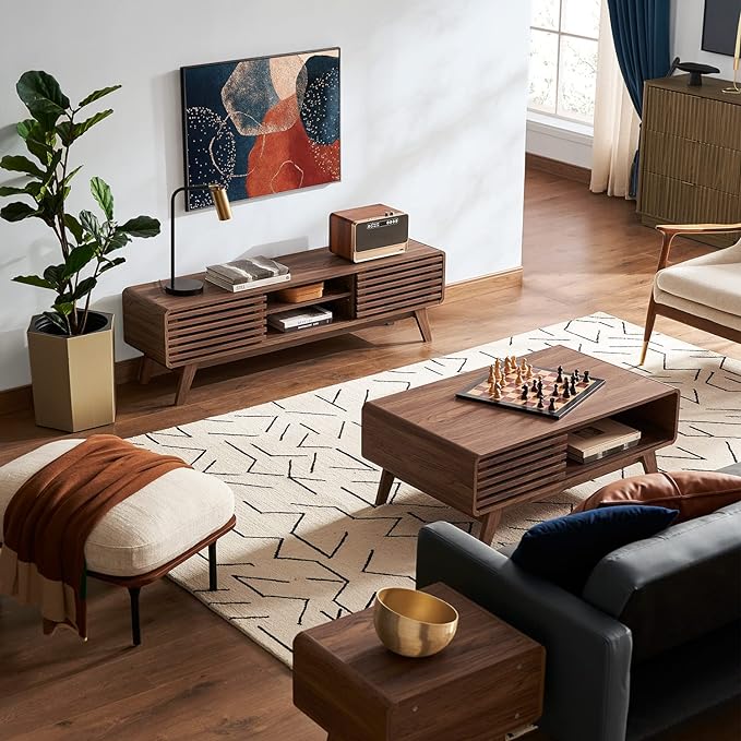 mopio Ensley Coffee Table, Mid Century Modern Table with Storage, Farmhouse Wood Coffee Table for Living Room Fluted (Walnut) - LeafyLoom