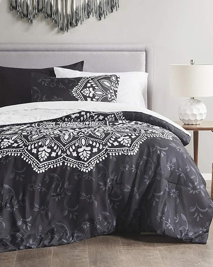 Comfort Spaces Bed in A Bag - Trendy Casual Design Cozy Comforter with Complete Sheet Set with Side Pocket, All Season Cover, Matching Shams, Twin XL (66 in x 90 in), Ava Medallion Black 6 Piece - LeafyLoom