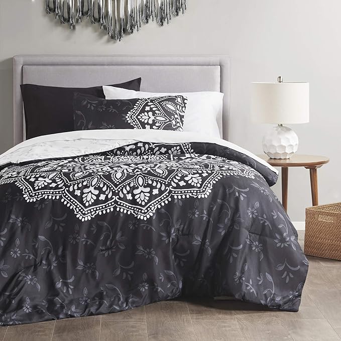 Comfort Spaces Bed in A Bag - Trendy Casual Design Cozy Comforter with Complete Sheet Set with Side Pocket, All Season Cover, Matching Shams, Twin XL (66 in x 90 in), Ava Medallion Black 6 Piece - LeafyLoom