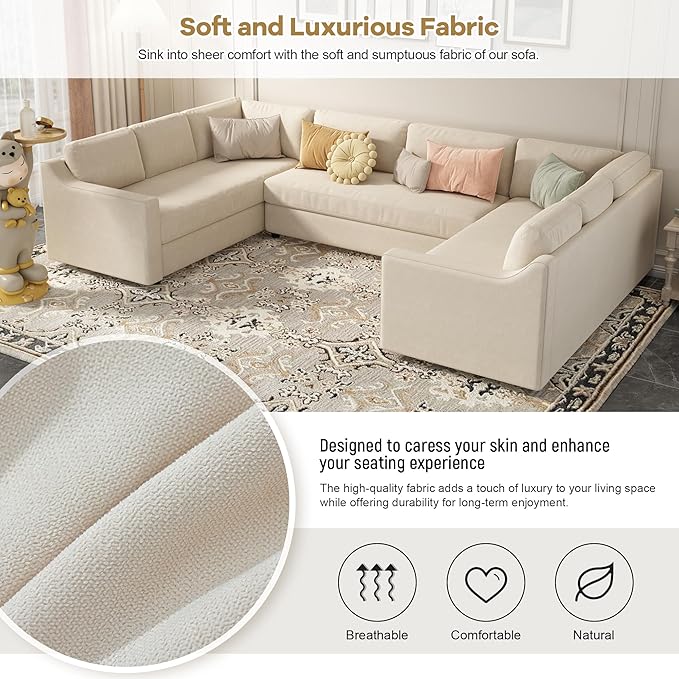 Modern U Shaped, Oversized 3 Piece Modular Sectional 6-8 Persons,Living Room Thick Seat and Back Cushions,Sofas & Couches for Apartment,Office,Gray, Beige-B - LeafyLoom