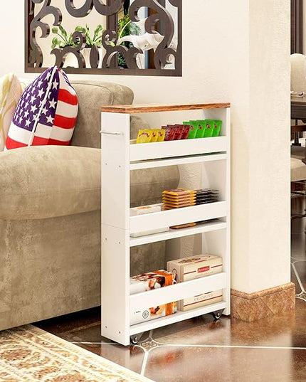 TEAMIX 4 Tier White Slim Storage Cart with Handle, Slide Out Storage Rolling Utility Cart Mobile Shelving Unit Organizer Trolley for Small Spaces Kitchen Laundry Narrow Places - LeafyLoom