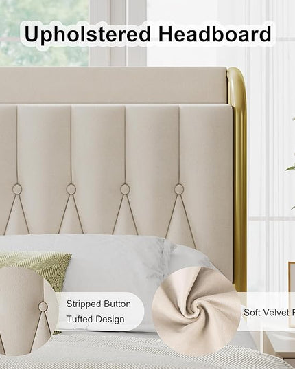 Feonase Queen Bed Frame with Type-C & USB Port, Metal Platform Beds, with Velvet Upholstered Headboard & Footboard, 12" Underbed Storage Space, Easy Assembly, Noise-Free, Gold&Beige - LeafyLoom