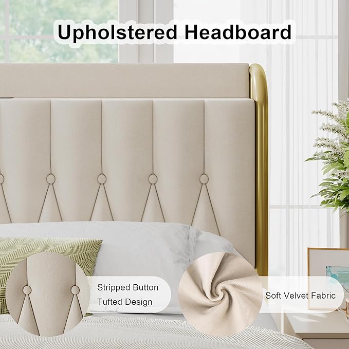 Feonase King Bed Frame with Type-C & USB Ports, Metal Platform Beds, with Velvet Upholstered Headboard & Footboard, 12" Underbed Storage Space, Easy Assembly, Noise-Free, Beige - LeafyLoom