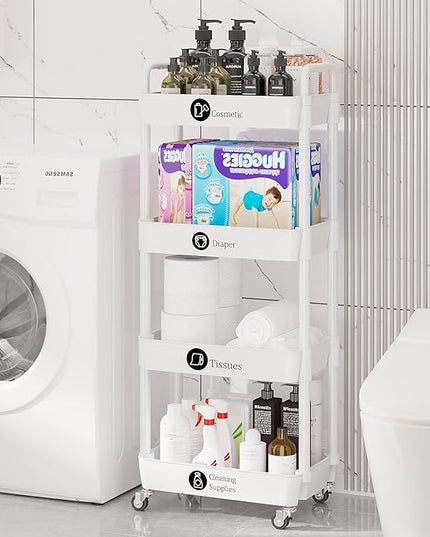 4-Tier Storage Cart,Multifunction Utility Rolling Cart Kitchen Storage Organizer,Mobile Shelving Unit Cart with Lockable Wheels for Bathroom,Laundry,Living Room,With Classified Stickers,White - LeafyLoom