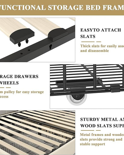 VECELO Full Size Upholstered Platform Bed Frame with 4 Storage Drawers, Adjustable Velvet Rivets Headboard, Wooden Slats Support, No Box Spring Needed, Easy Assembly - LeafyLoom
